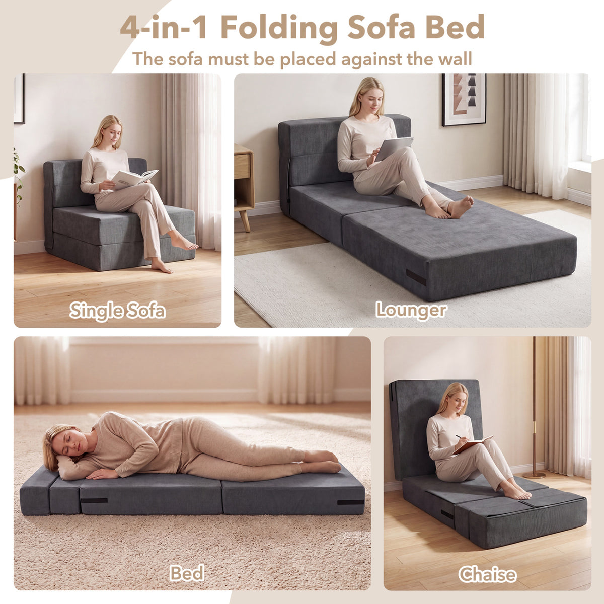 4-in-1 Folding Sofa Bed - Gray Corduroy Convertible Sleeper Chair-Sofas & Loveseats-DECOROLALA