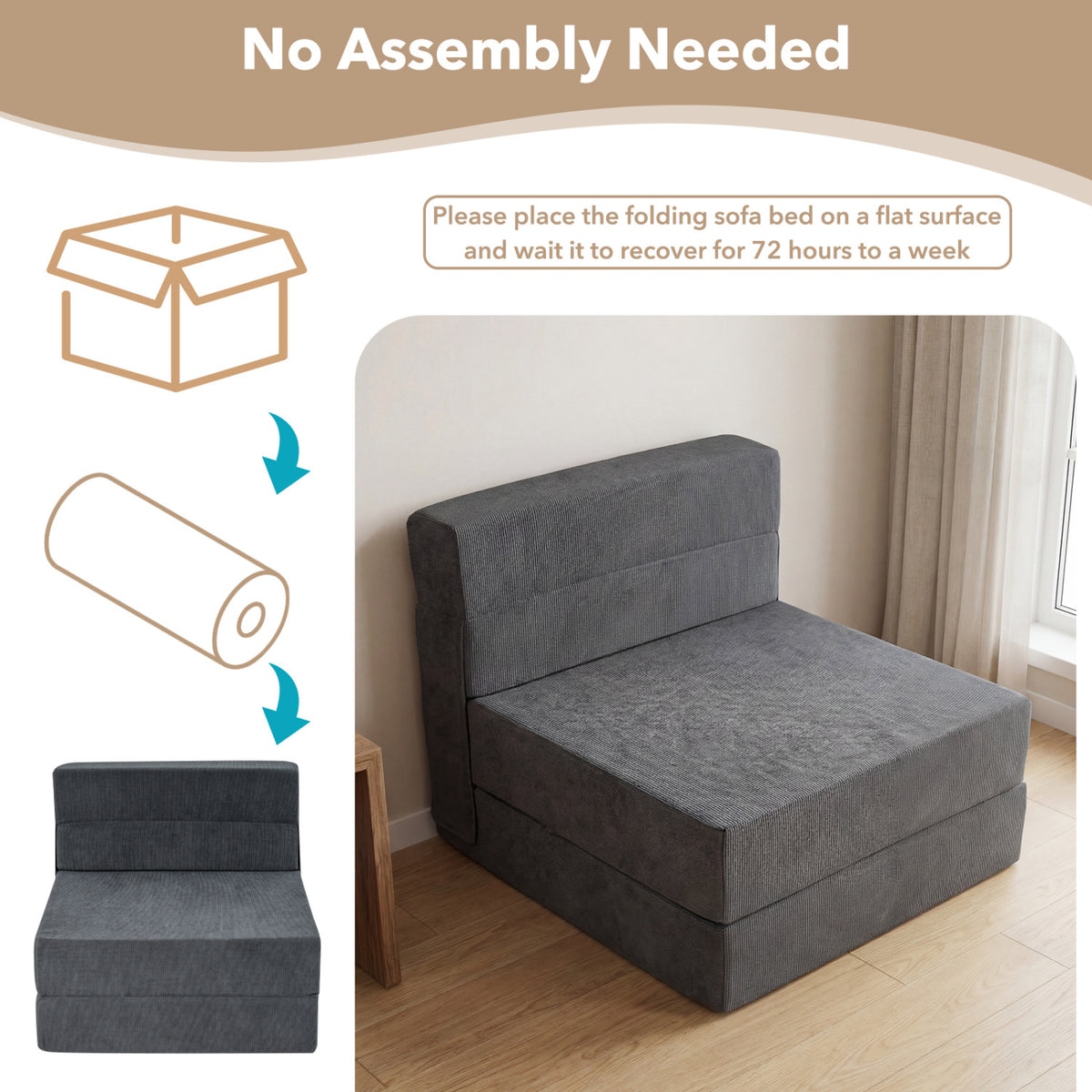 4-in-1 Folding Sofa Bed - Gray Corduroy Convertible Sleeper Chair-Sofas & Loveseats-DECOROLALA