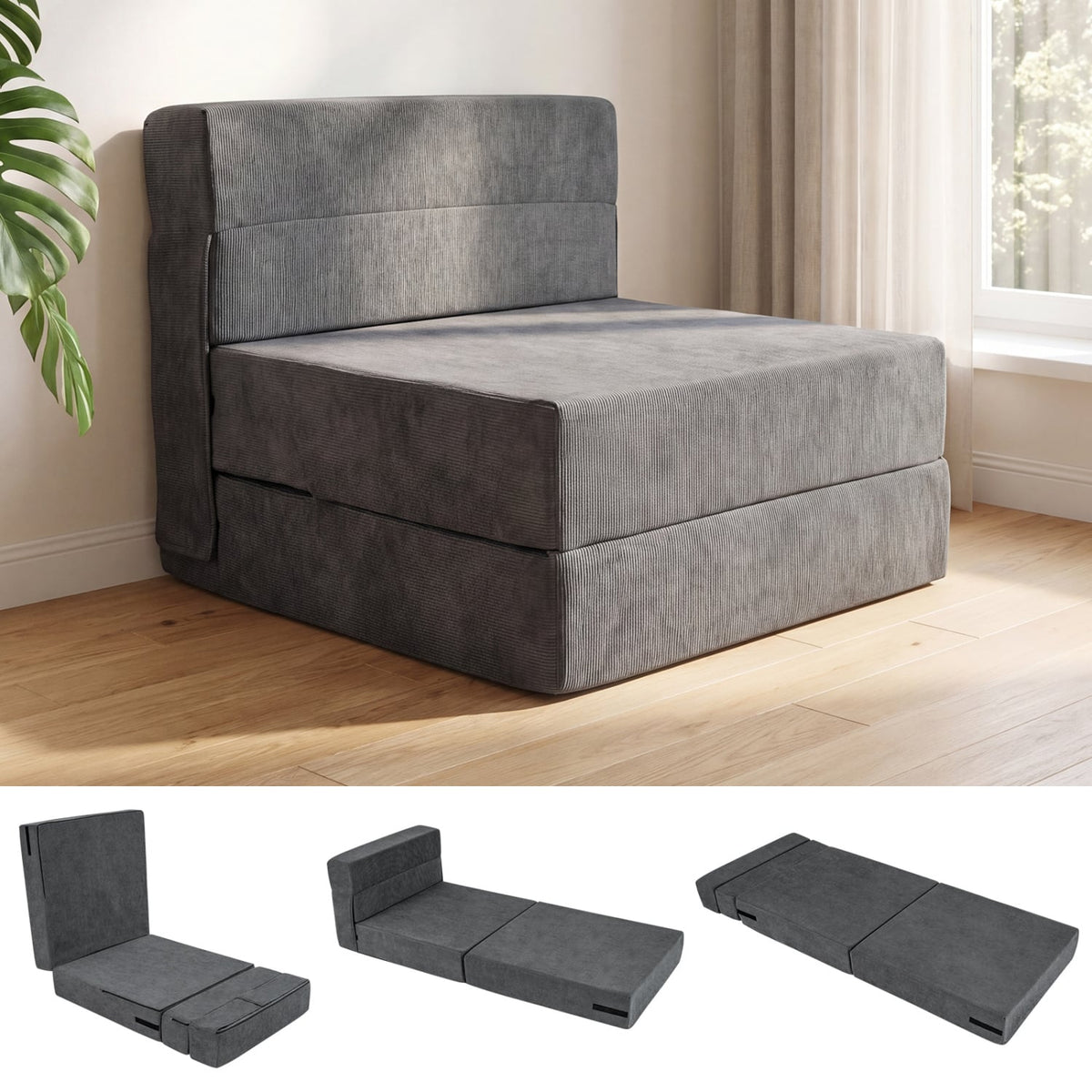 4-in-1 Folding Sofa Bed - Gray Corduroy Convertible Sleeper Chair-Sofas & Loveseats-DECOROLALA