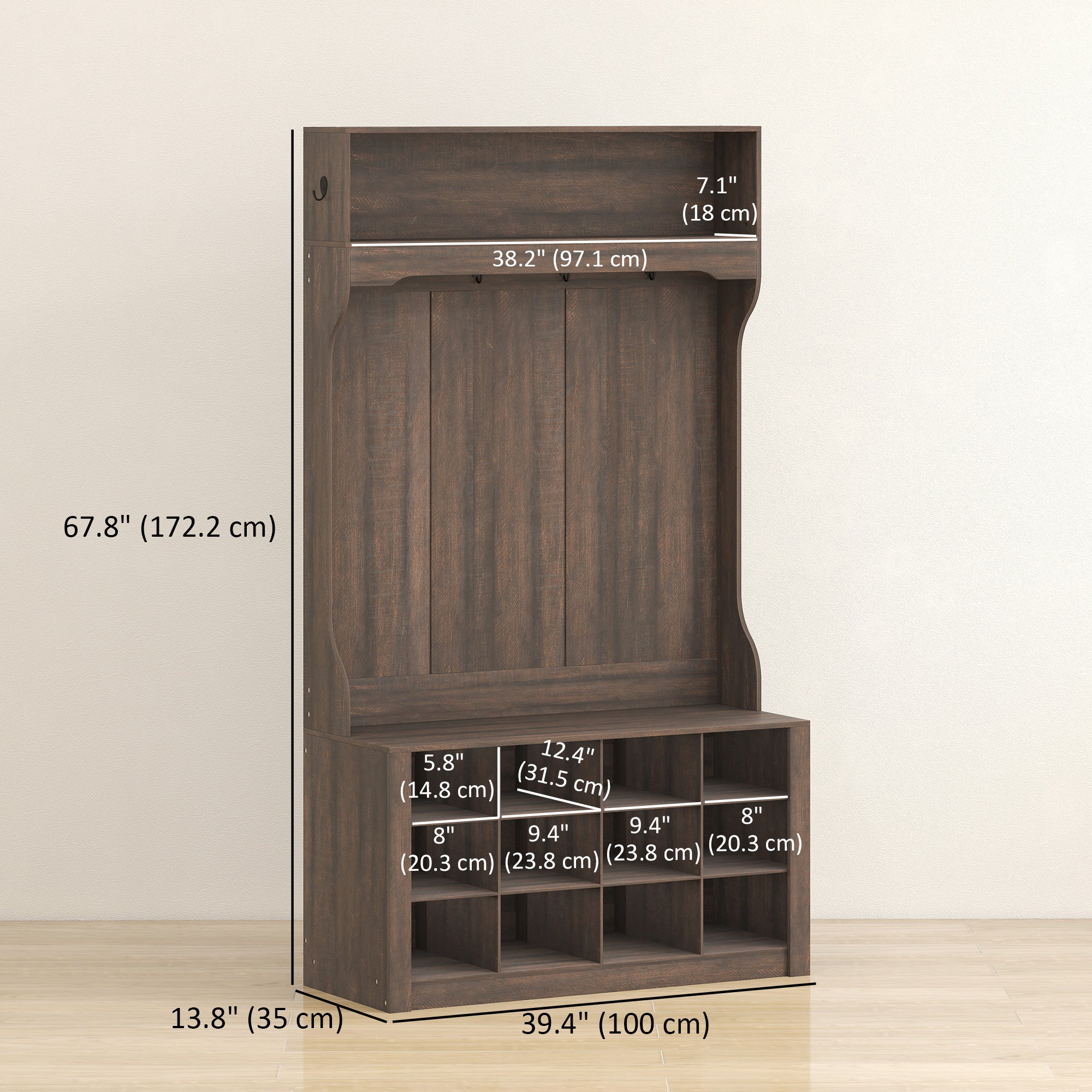 4-in-1 Hall Tree with 12 Shoe Cubbies - Dark Brown-DECOROLALA