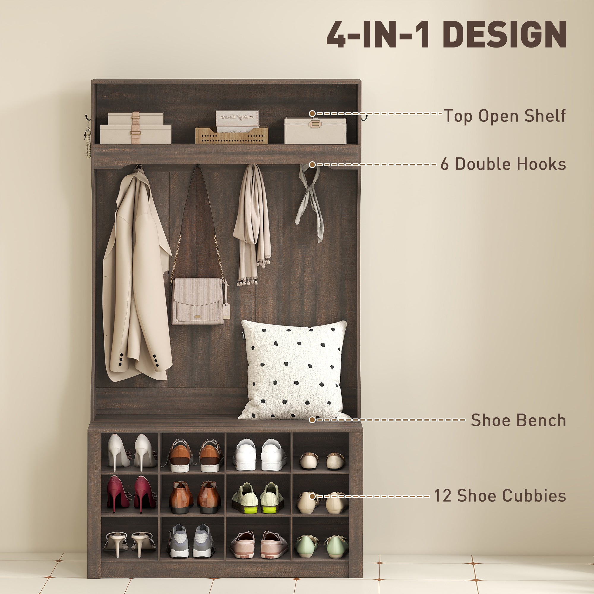 4-in-1 Hall Tree with 12 Shoe Cubbies - Dark Brown-DECOROLALA