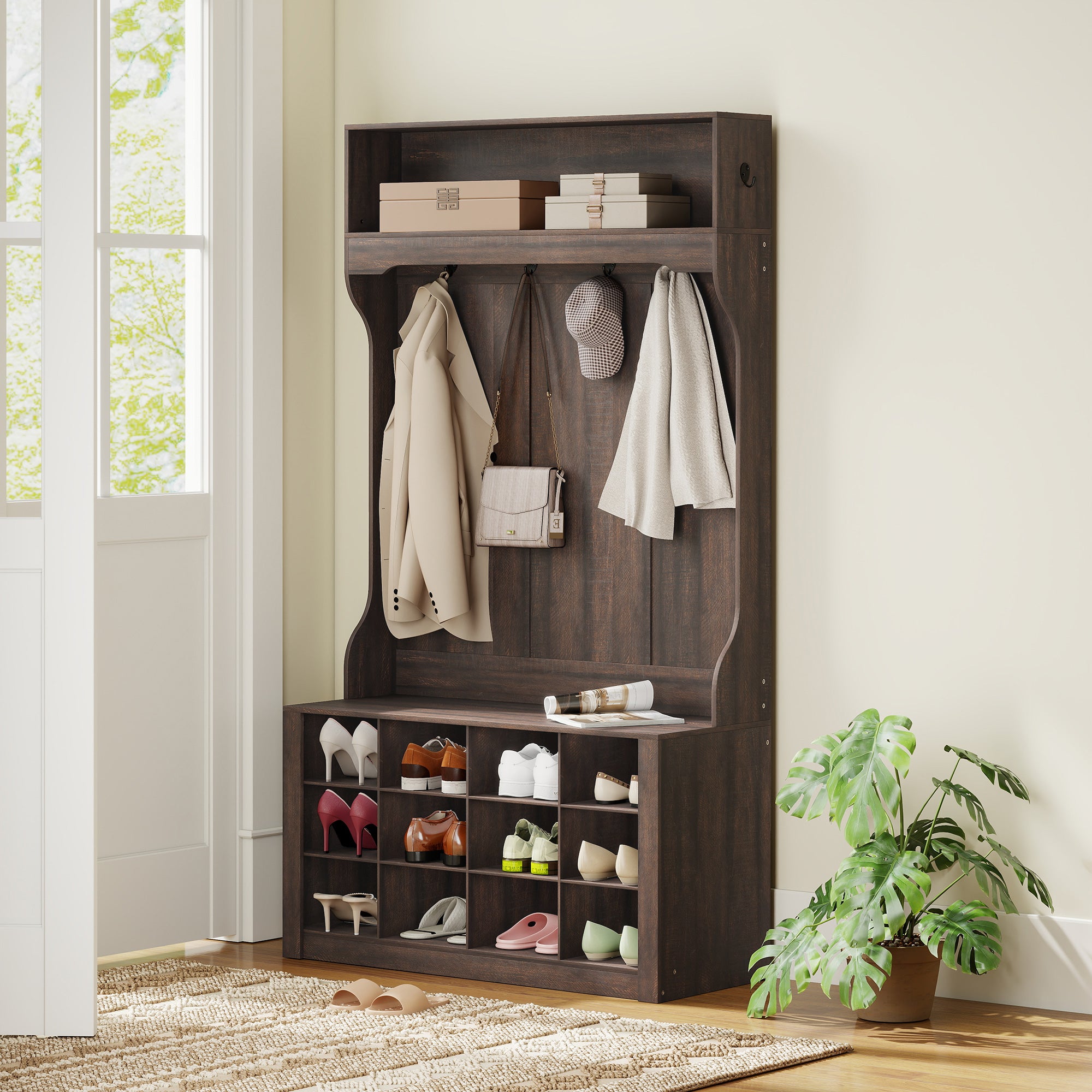 4-in-1 Hall Tree with 12 Shoe Cubbies - Dark Brown-DECOROLALA