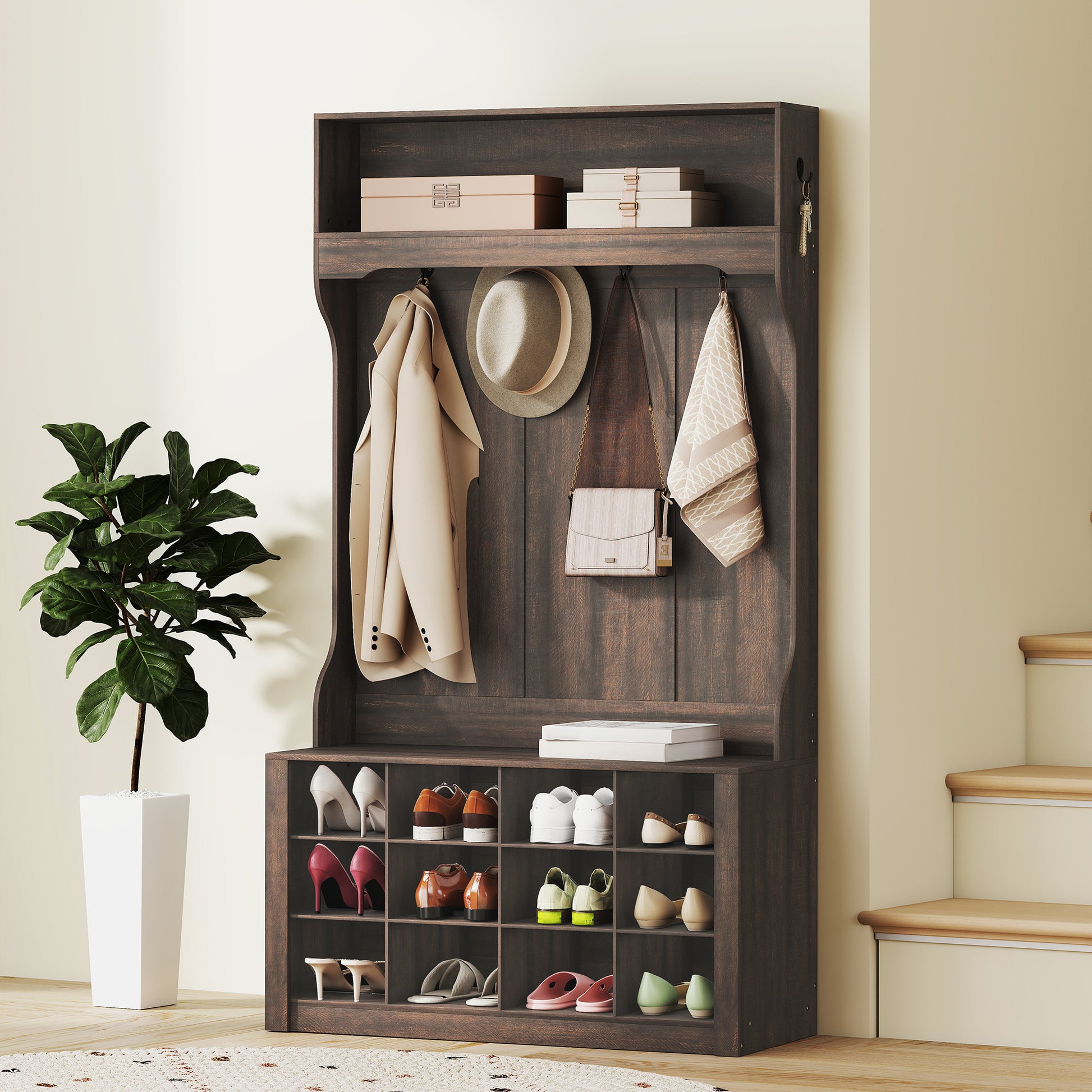 4-in-1 Hall Tree with 12 Shoe Cubbies - Dark Brown-DECOROLALA
