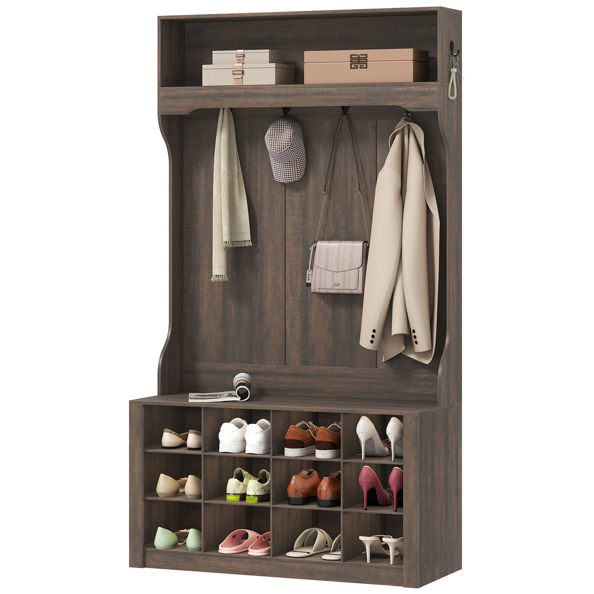 4-in-1 Hall Tree with 12 Shoe Cubbies - Dark Brown-Hall Trees-DECOROLALA