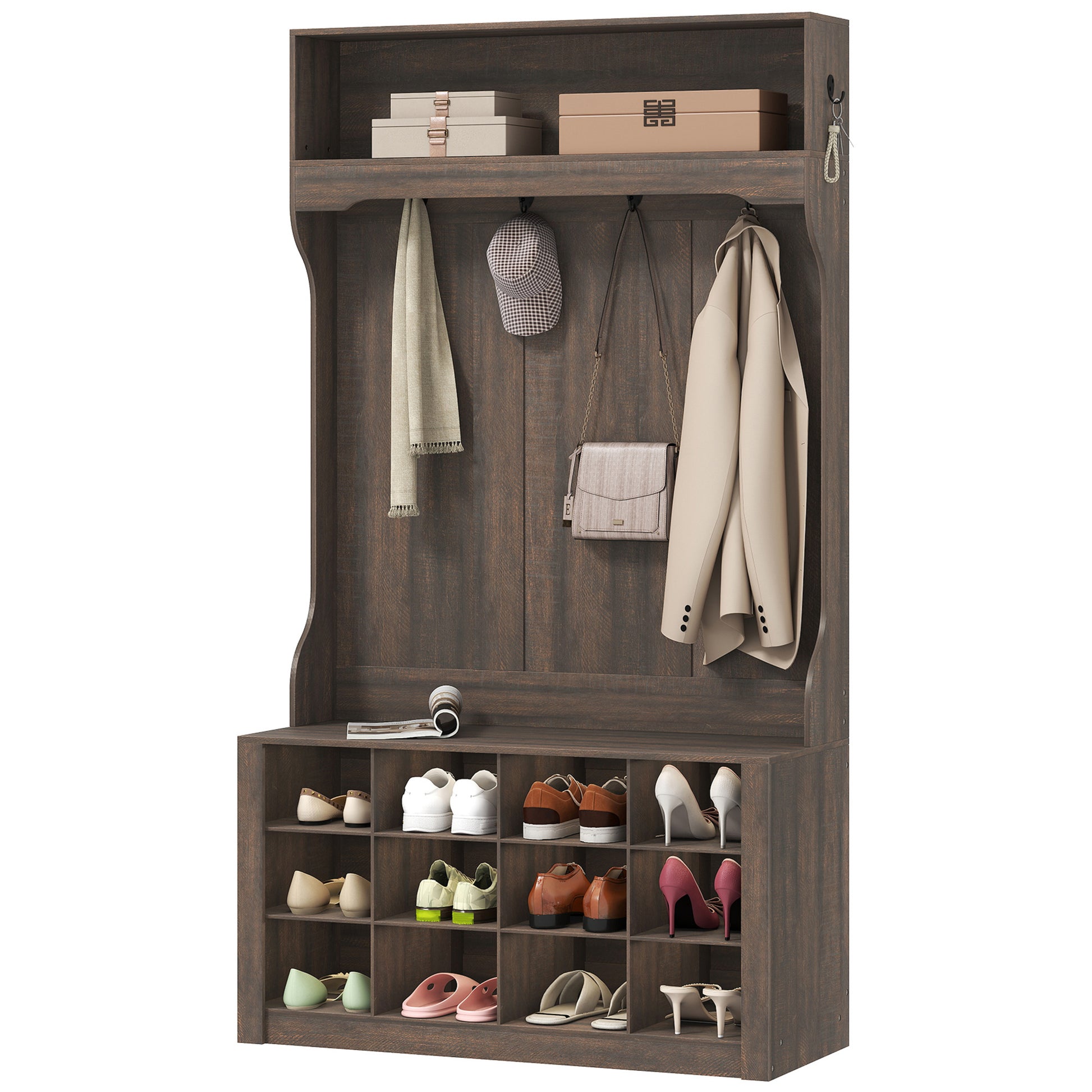 4-in-1 Hall Tree with 12 Shoe Cubbies - Dark Brown-DECOROLALA