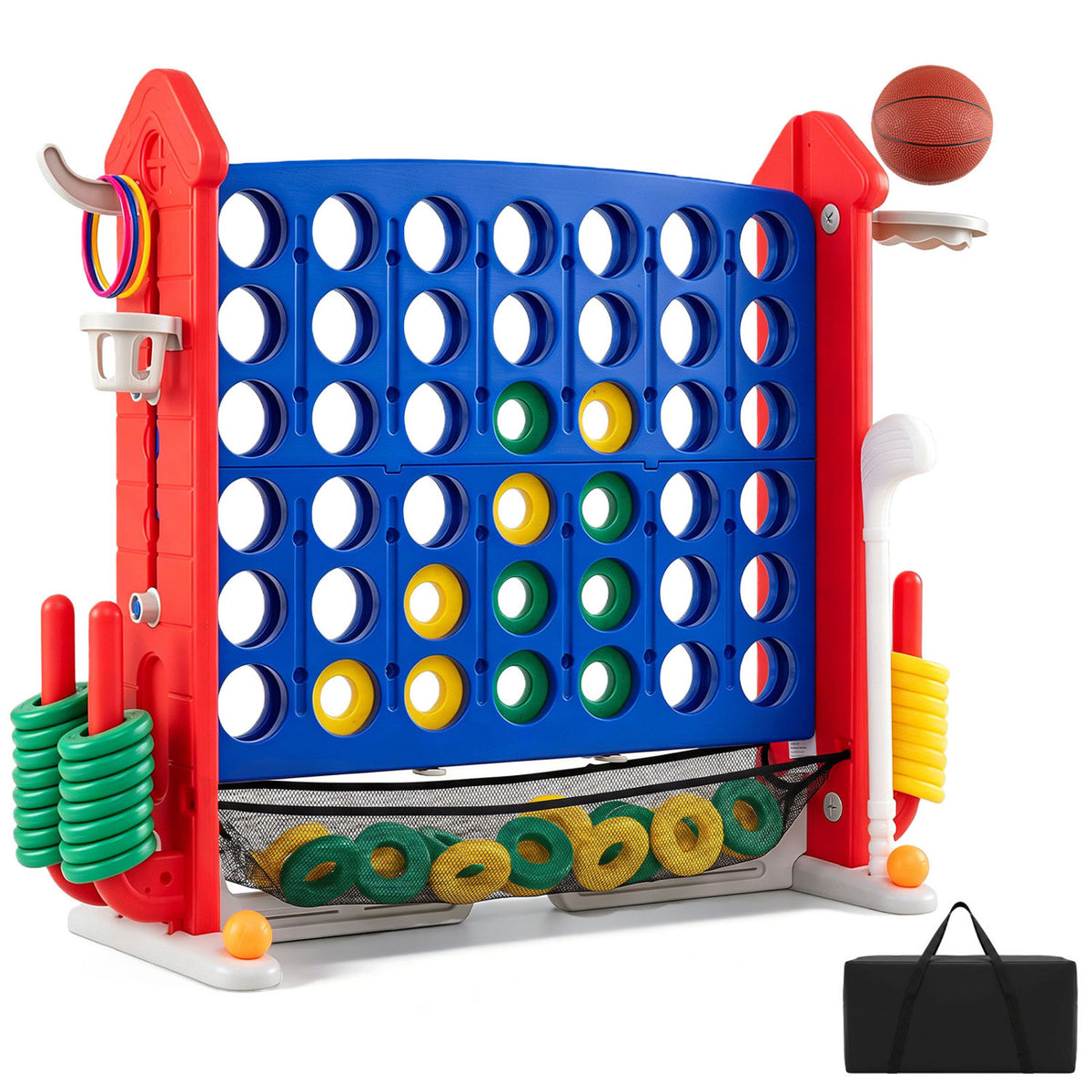 4-in-1 Height Adjustable Row Connect Game with Mesh Net and Carrying Bag
