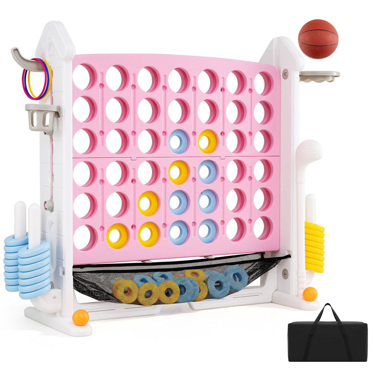 Jeu Connect 4-en-ligne réglable en hauteur 4-en-1 avec filet et sac de transport