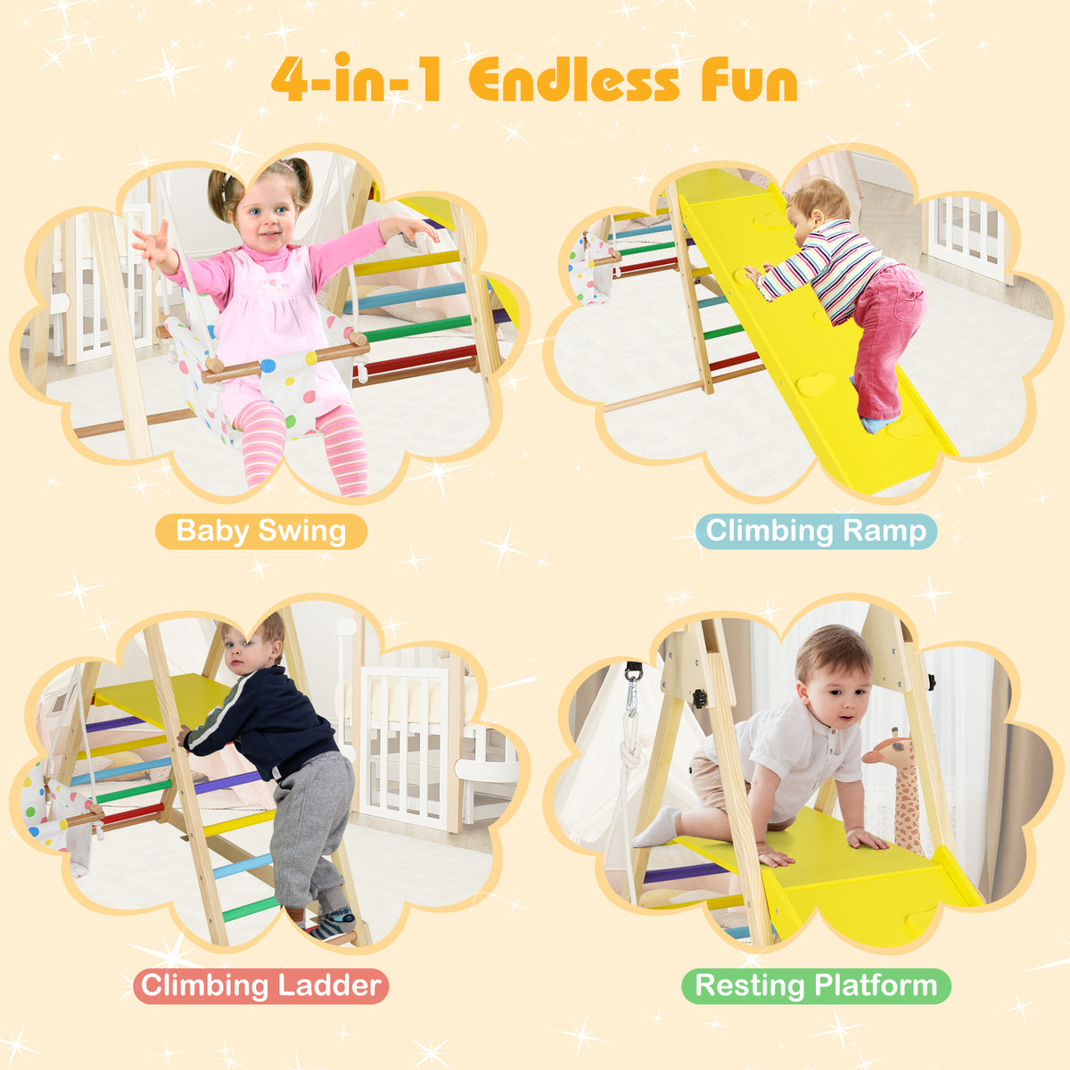 4-in-1 Indoor Jungle Gym with Baby Swing and Climbing Ramp