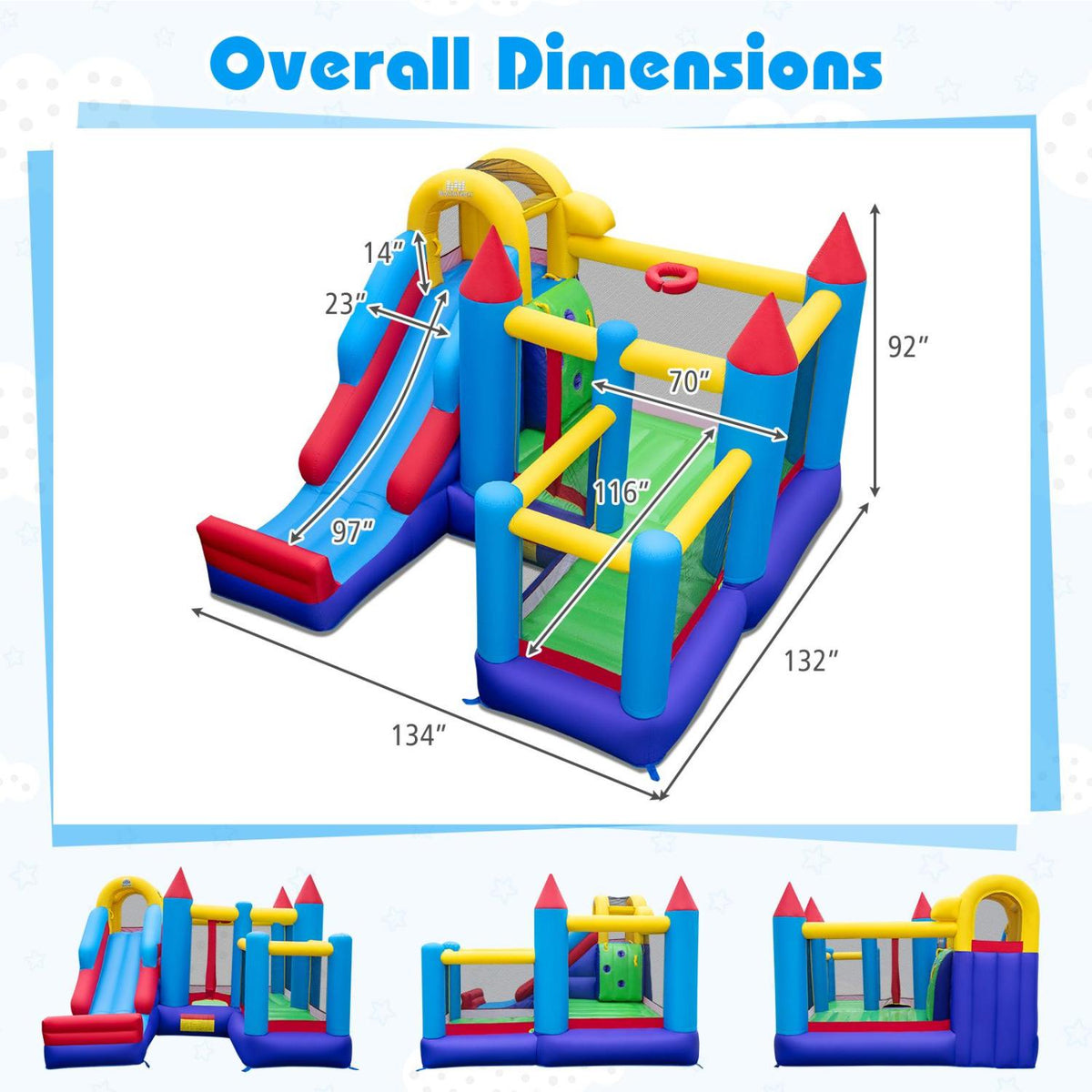 4-in-1 Inflatable Bounce House with Slide, Climbing Wall and Blower-Inflatable Bounce Houses-DECOROLALA