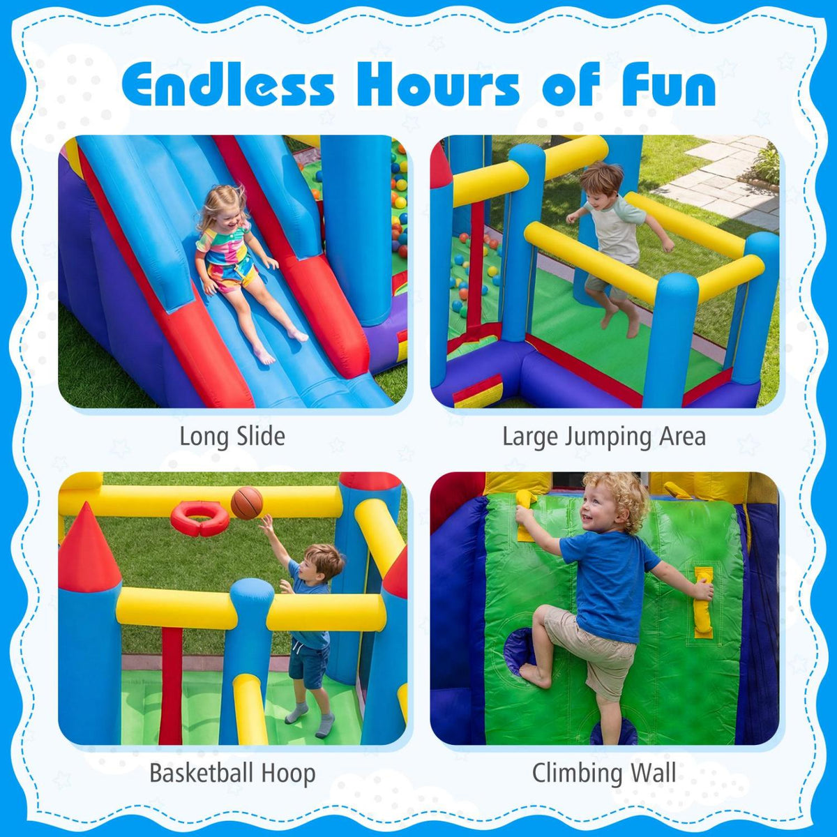 4-in-1 Inflatable Bounce House with Slide, Climbing Wall and Blower-Inflatable Bounce Houses-DECOROLALA