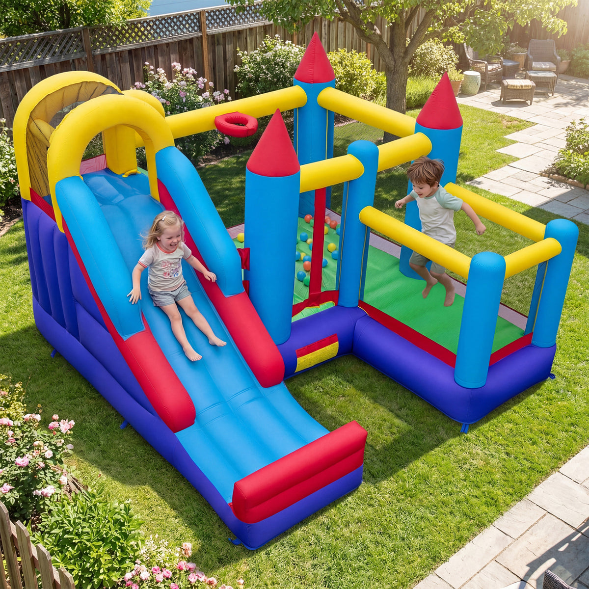 4-in-1 Inflatable Bounce House with Slide - Multi-color 134"x132"-Inflatable Bounce Houses-DECOROLALA