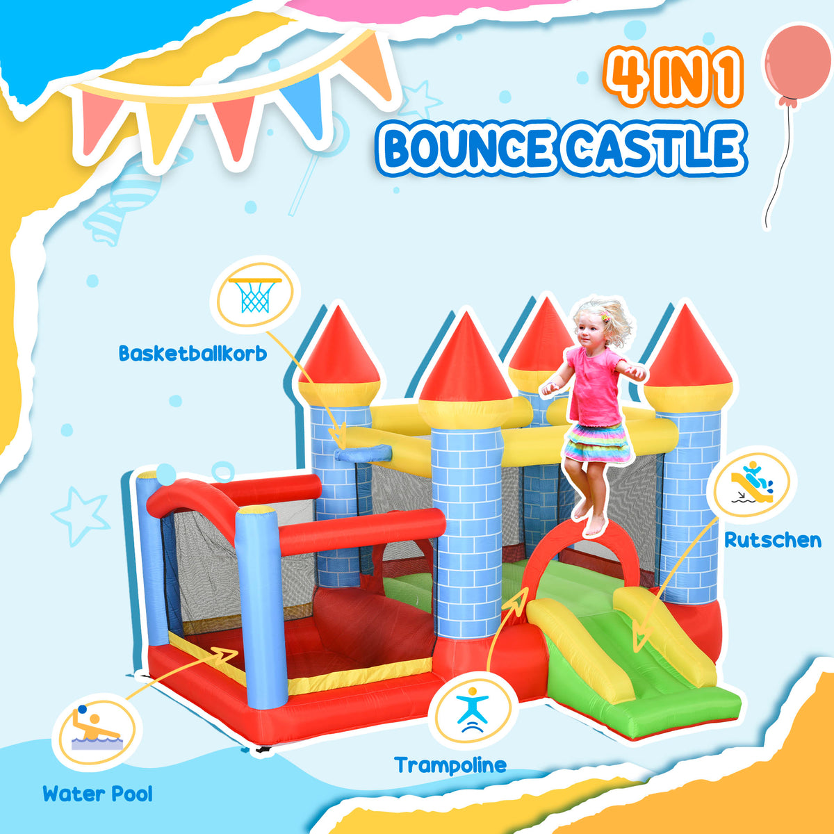 9.2 x 9.5FT Bounce House, 4 in 1 Inflatable Bouncy Castle for Kids With Trampoline, Slide, Water Pool, Basket, Blower-Toys & Games > Kids Outdoor Play > Inflatables-DECOROLALA