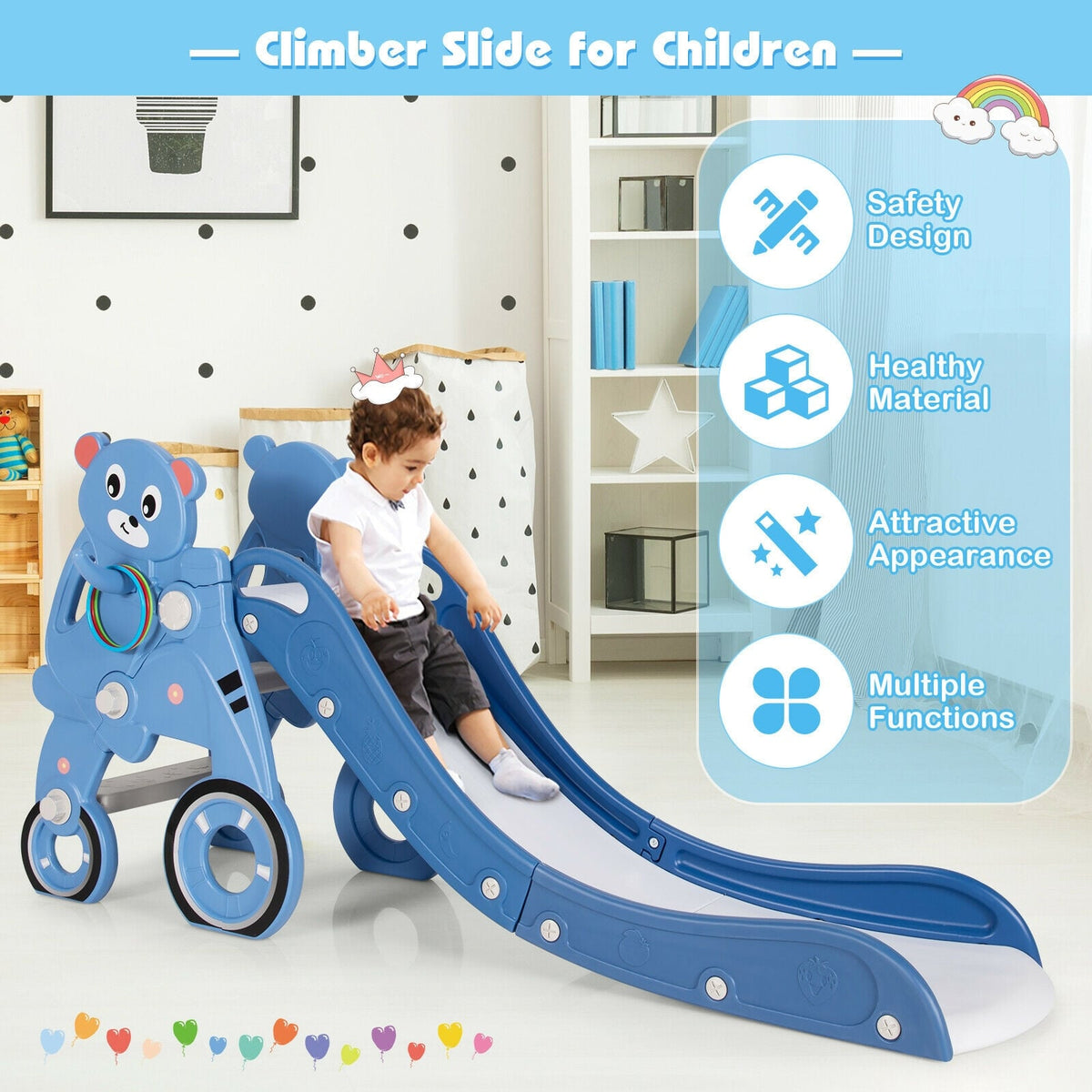 Ensemble de jeux pour enfants 4-en-1 avec toboggan pliable en plastique, jeu d’anneaux et balle