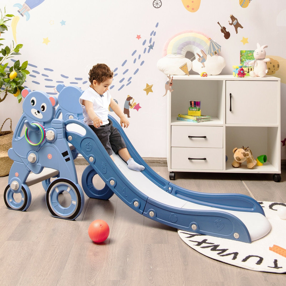 Ensemble de jeux pour enfants 4-en-1 avec toboggan pliable en plastique, jeu d’anneaux et balle