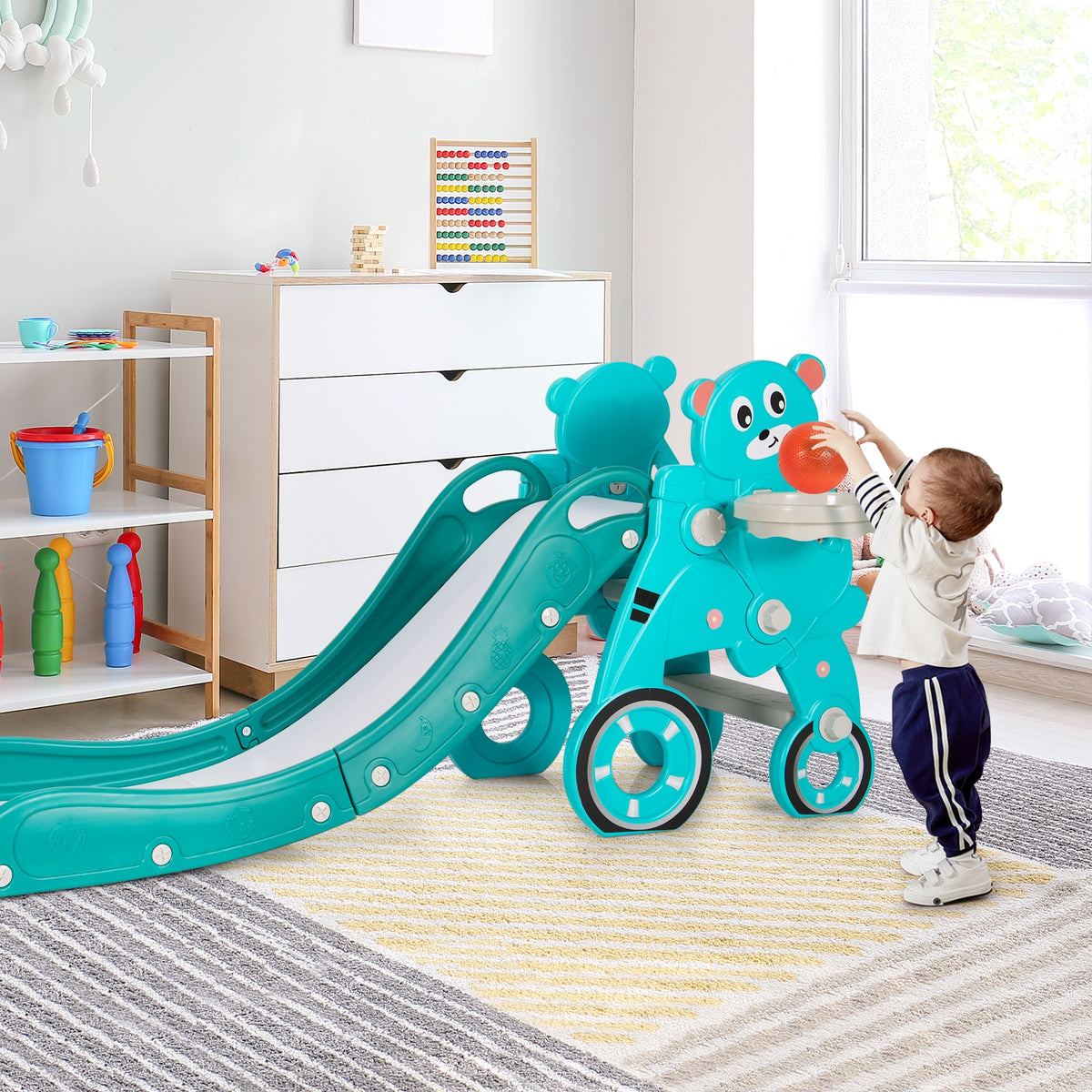 Ensemble de jeux pour enfants 4-en-1 avec toboggan pliable en plastique, jeu d’anneaux et balle
