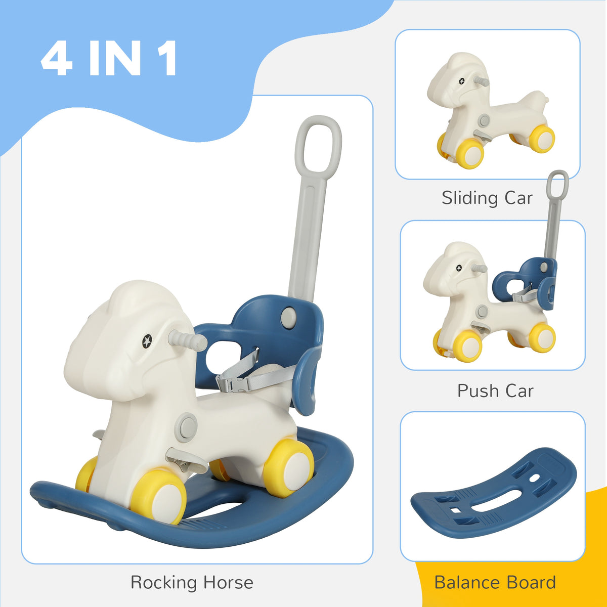 4 in 1 Kids Rocking Horse w/ Detachable Balance Board & Push Handel-Toys & Games > Baby & Toddler Toys > Riding & Rocking Toys > Rocking Horses-DECOROLALA