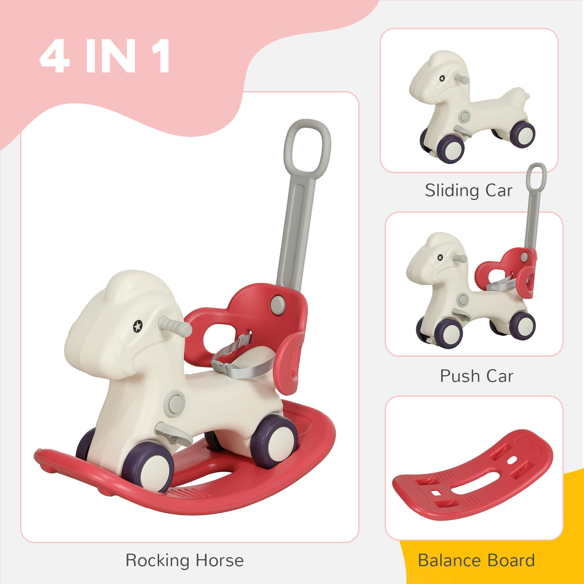 4 in 1 Kids Rocking Horse w/ Detachable Balance Board & Push Handel-Toys & Games > Baby & Toddler Toys > Riding & Rocking Toys > Rocking Horses-DECOROLALA