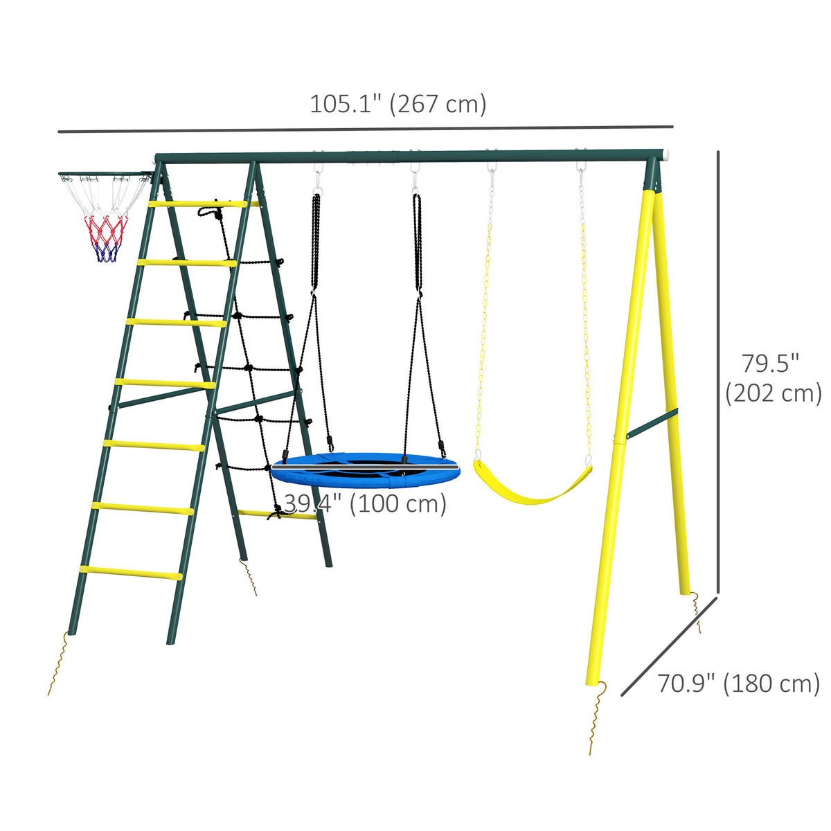 4 in 1 Swing Set for Kids with Saucer Swing, Seat, Climbing Ladder/Net, Basketball Hoop for 3-8 Years Old, Yellow-Toys & Games > Kids Outdoor Play > Gym Sets & Swings-DECOROLALA