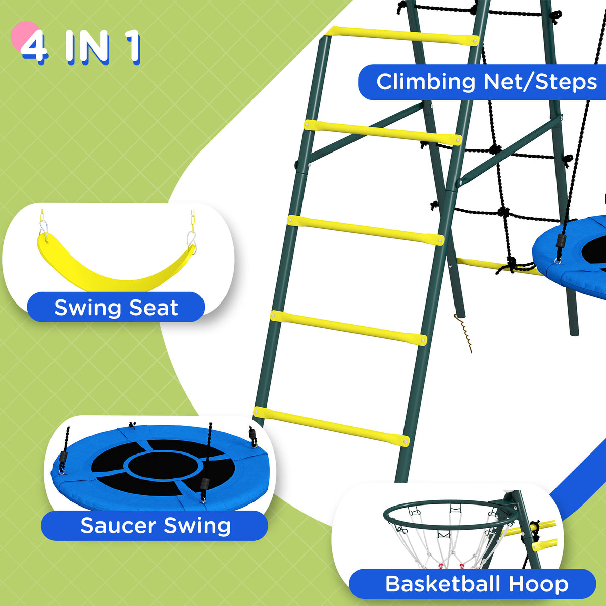 4 in 1 Swing Set for Kids with Saucer Swing, Seat, Climbing Ladder/Net, Basketball Hoop for 3-8 Years Old, Yellow-Toys & Games > Kids Outdoor Play > Gym Sets & Swings-DECOROLALA