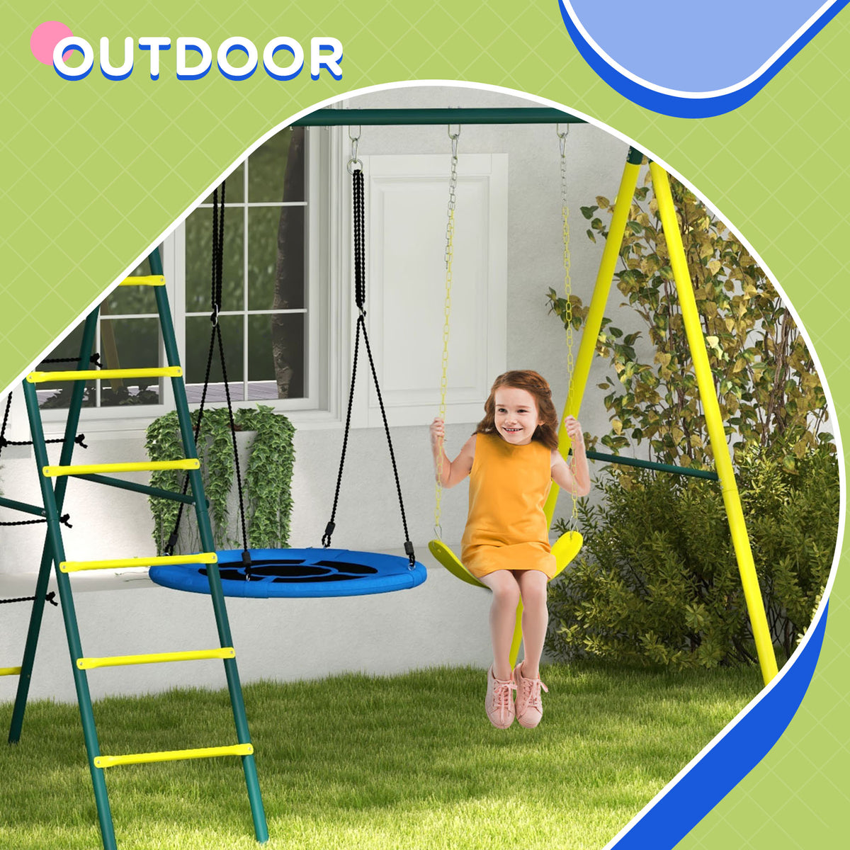 4 in 1 Swing Set for Kids with Saucer Swing, Seat, Climbing Ladder/Net, Basketball Hoop for 3-8 Years Old, Yellow-Toys & Games > Kids Outdoor Play > Gym Sets & Swings-DECOROLALA