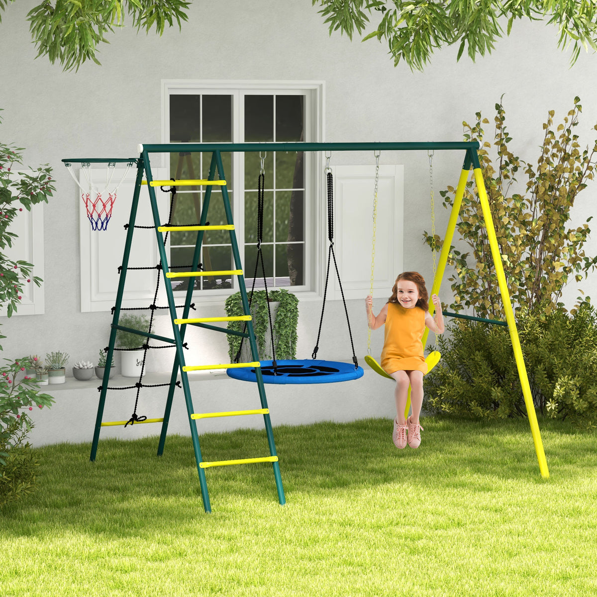 4 in 1 Swing Set for Kids with Saucer Swing, Seat, Climbing Ladder/Net, Basketball Hoop for 3-8 Years Old, Yellow-Toys & Games > Kids Outdoor Play > Gym Sets & Swings-DECOROLALA