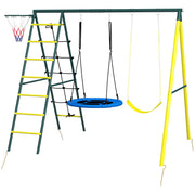 4 in 1 Swing Set for Kids with Saucer Swing, Seat, Climbing Ladder/Net, Basketball Hoop for 3-8 Years Old, Yellow-Toys & Games > Kids Outdoor Play > Gym Sets & Swings-DECOROLALA