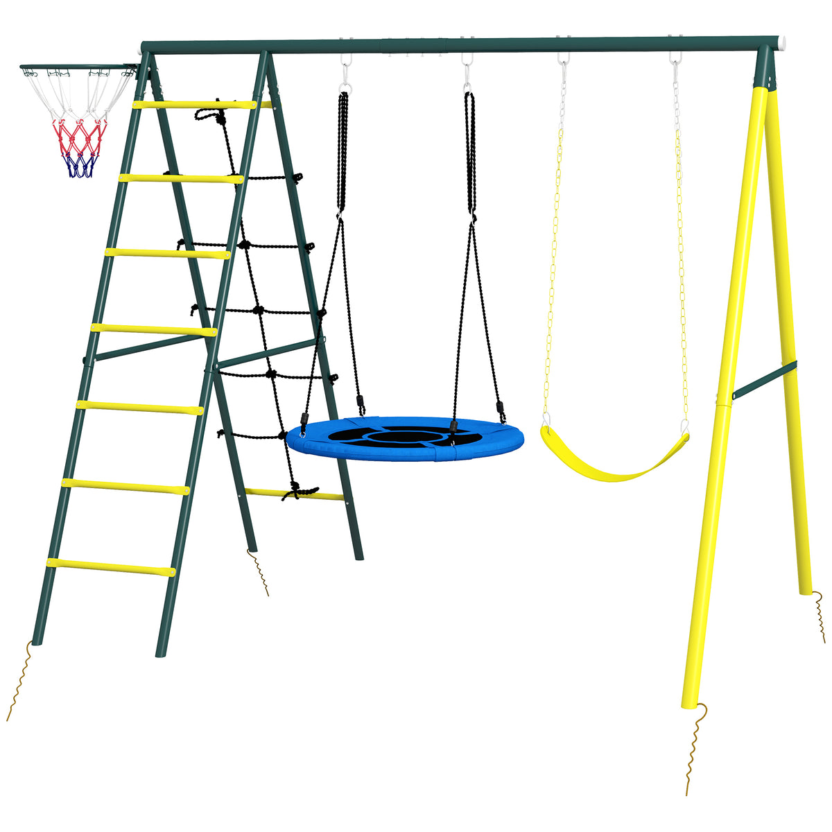 4 in 1 Swing Set for Kids with Saucer Swing, Seat, Climbing Ladder/Net, Basketball Hoop for 3-8 Years Old, Yellow-Toys & Games > Kids Outdoor Play > Gym Sets & Swings-DECOROLALA