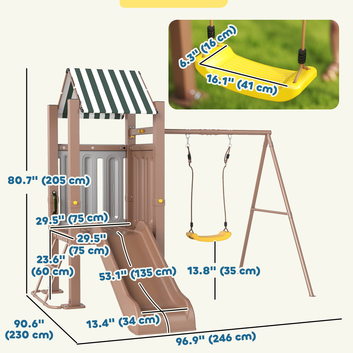 4-in-1 Kids Swing Set for Playground with Slide, Covered Fort, Climbing Ladder, Ground Stakes, for Kids Ages 3-8, Brown-Toys & Games > Kids Outdoor Play > Gym Sets & Swings-DECOROLALA