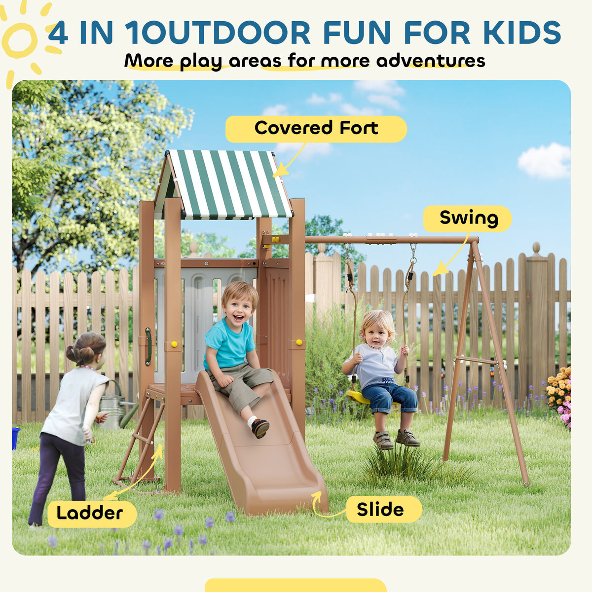4-in-1 Kids Swing Set for Playground with Slide, Covered Fort, Climbing Ladder, Ground Stakes, for Kids Ages 3-8, Brown-Toys & Games > Kids Outdoor Play > Gym Sets & Swings-DECOROLALA