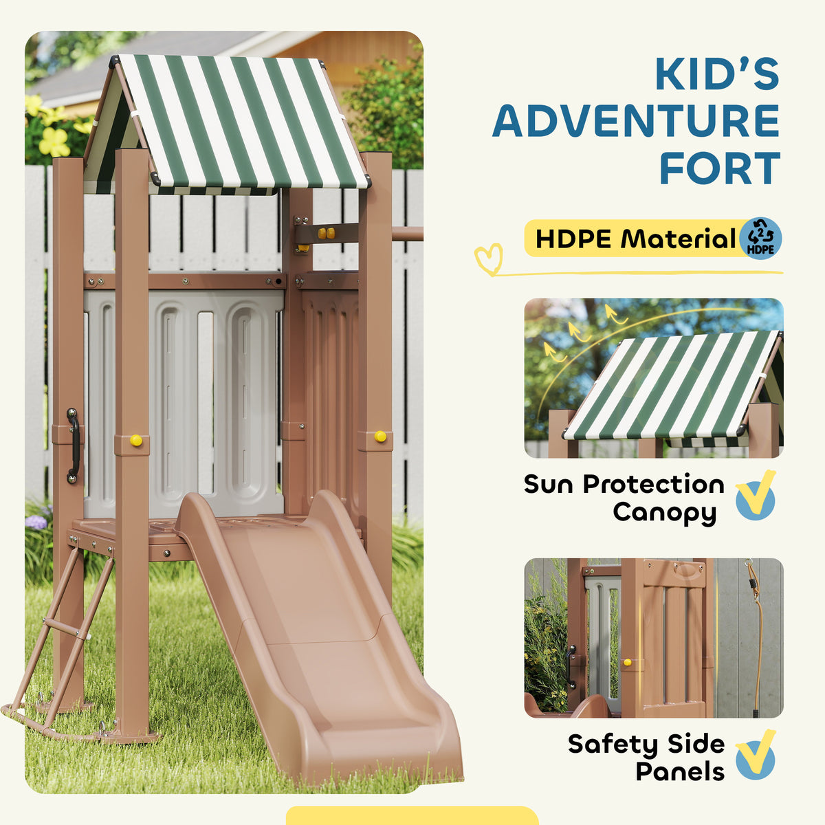 4-in-1 Kids Swing Set for Playground with Slide, Covered Fort, Climbing Ladder, Ground Stakes, for Kids Ages 3-8, Brown-Toys & Games > Kids Outdoor Play > Gym Sets & Swings-DECOROLALA