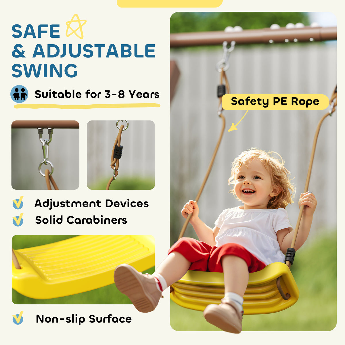 4-in-1 Kids Swing Set for Playground with Slide, Covered Fort, Climbing Ladder, Ground Stakes, for Kids Ages 3-8, Brown-Toys & Games > Kids Outdoor Play > Gym Sets & Swings-DECOROLALA
