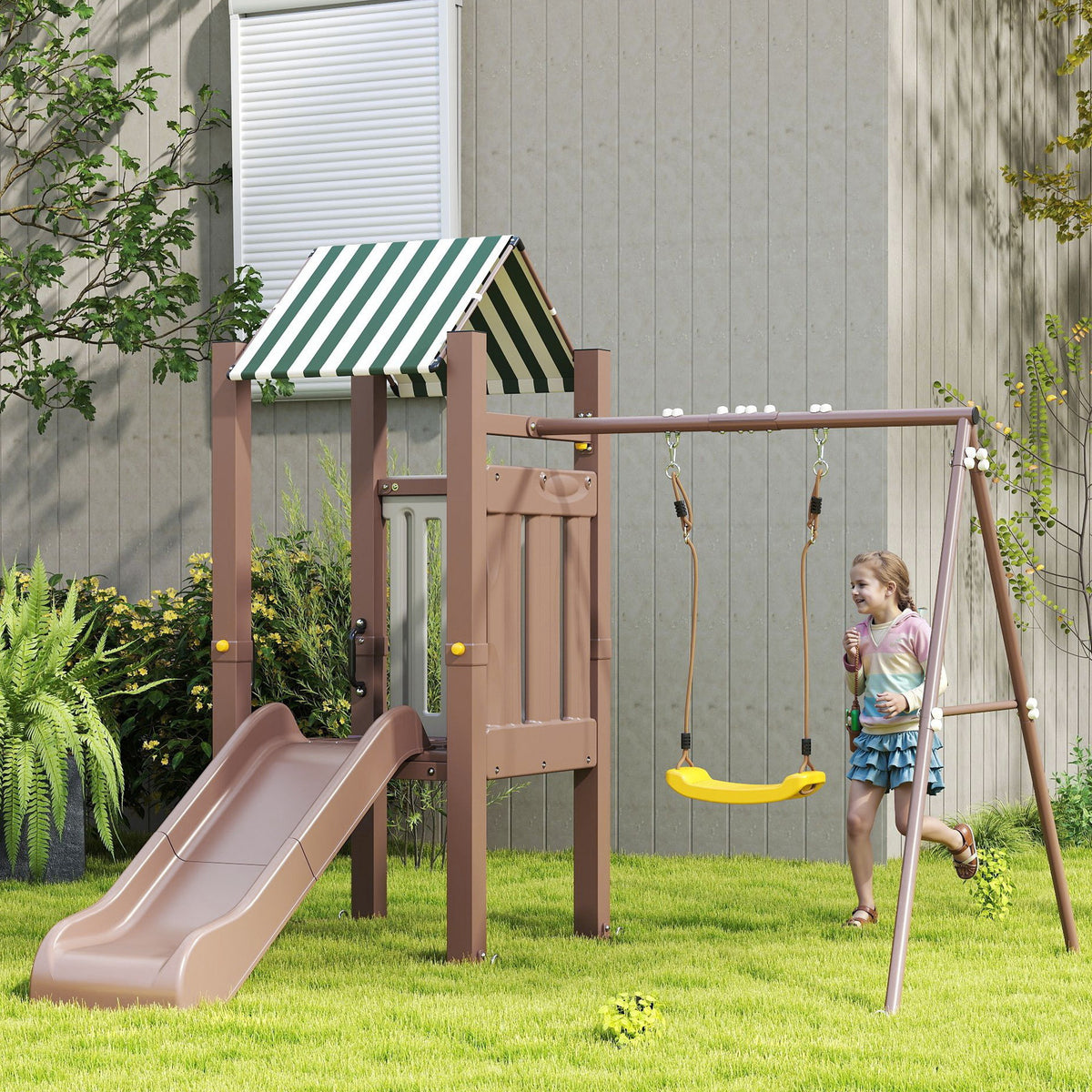 4-in-1 Kids Swing Set for Playground with Slide, Covered Fort, Climbing Ladder, Ground Stakes, for Kids Ages 3-8, Brown-Toys & Games > Kids Outdoor Play > Gym Sets & Swings-DECOROLALA