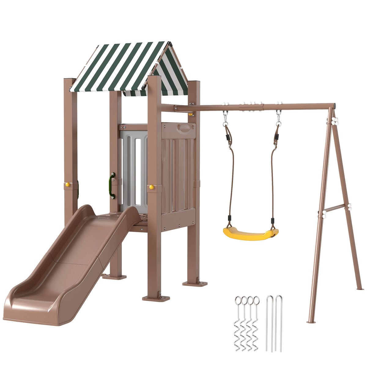 4-in-1 Kids Swing Set for Playground with Slide, Covered Fort, Climbing Ladder, Ground Stakes, for Kids Ages 3-8, Brown-Toys & Games > Kids Outdoor Play > Gym Sets & Swings-DECOROLALA