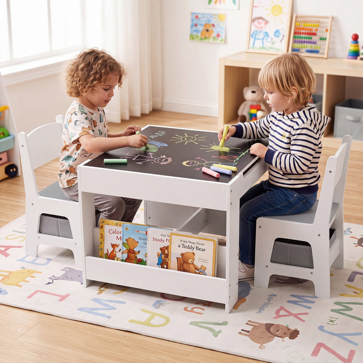 4 in 1 Kids Table and Chairs with Building Blocks and Bookshelves-Grey-Kids Tables & Chair Sets-DECOROLALA
