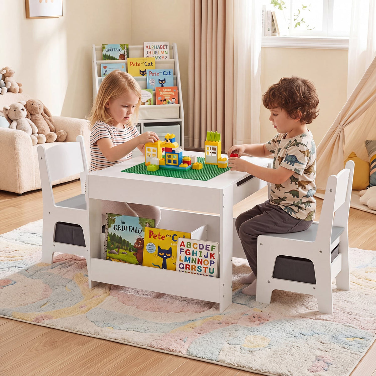 4 in 1 Kids Table and Chairs with Building Blocks and Bookshelves-Grey-Kids Tables & Chair Sets-DECOROLALA