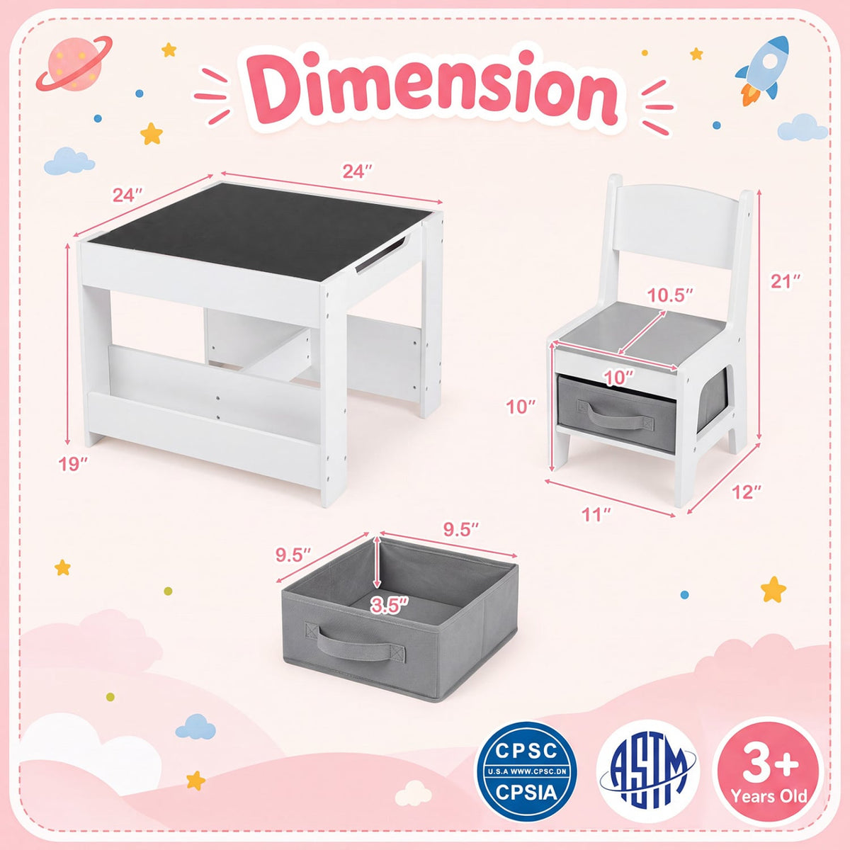 4 in 1 Kids Table and Chairs with Building Blocks and Bookshelves-Grey-Kids Tables & Chair Sets-DECOROLALA