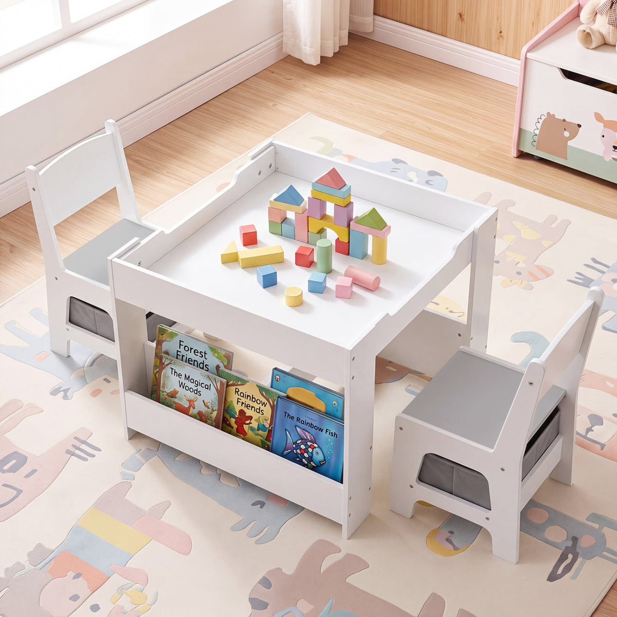4 in 1 Kids Table and Chairs with Building Blocks and Bookshelves-Grey-Kids Tables & Chair Sets-DECOROLALA