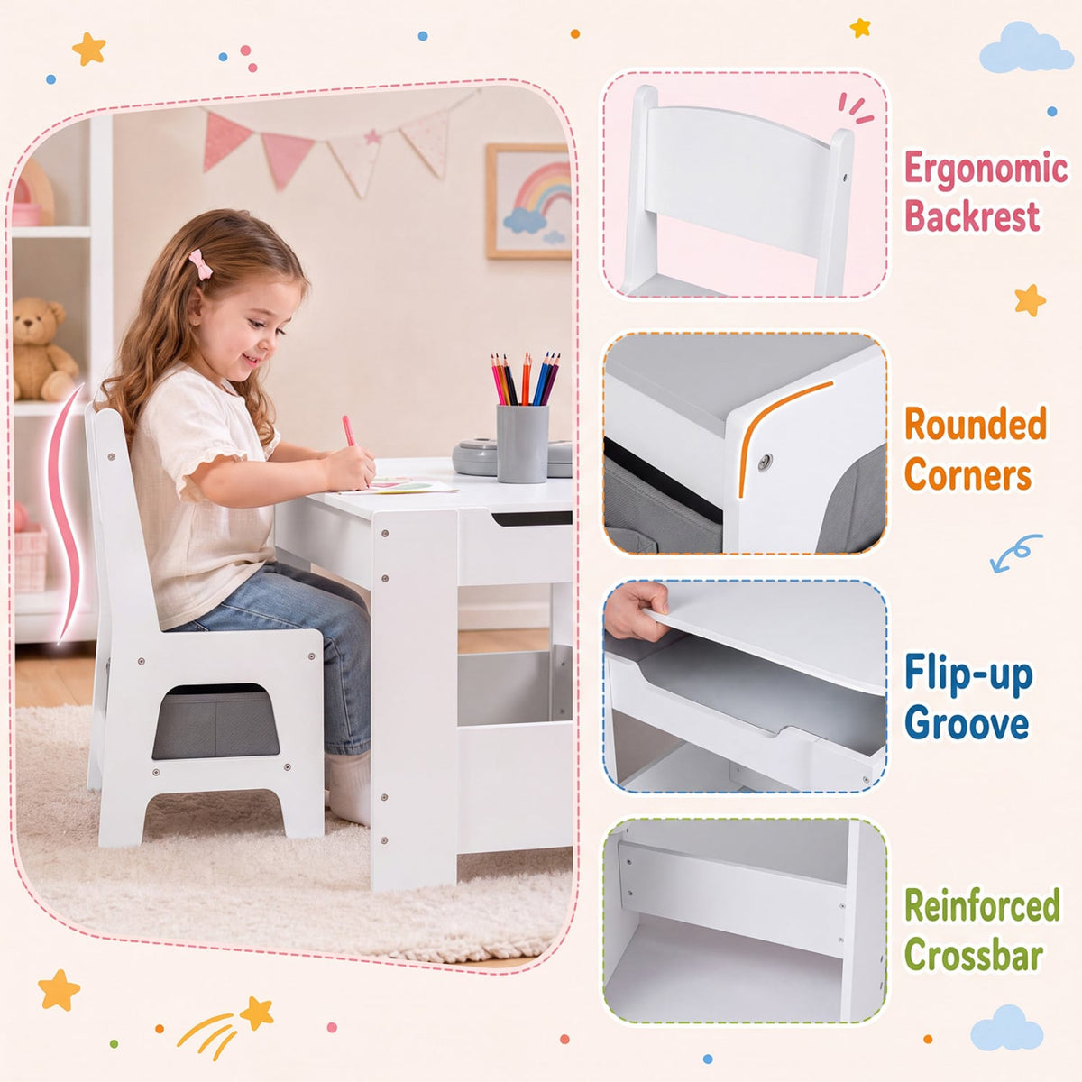 4 in 1 Kids Table and Chairs with Building Blocks and Bookshelves-Grey-Kids Tables & Chair Sets-DECOROLALA
