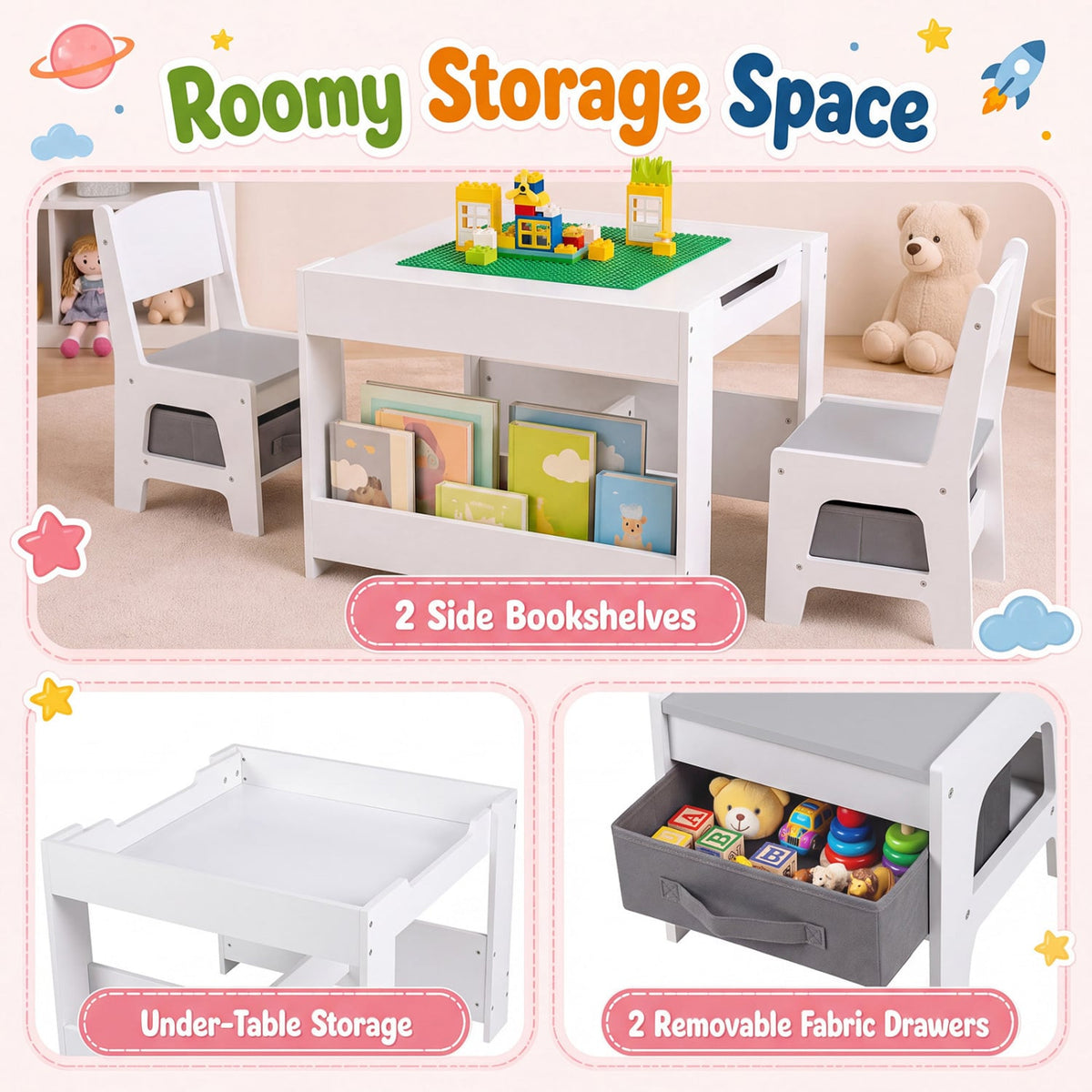 4 in 1 Kids Table and Chairs with Building Blocks and Bookshelves-Grey-Kids Tables & Chair Sets-DECOROLALA