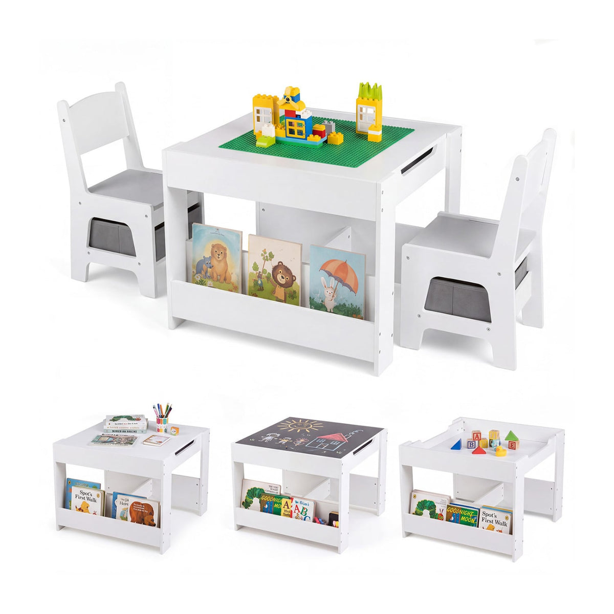 4 in 1 Kids Table and Chairs with Building Blocks and Bookshelves-Grey-Kids Tables & Chair Sets-DECOROLALA