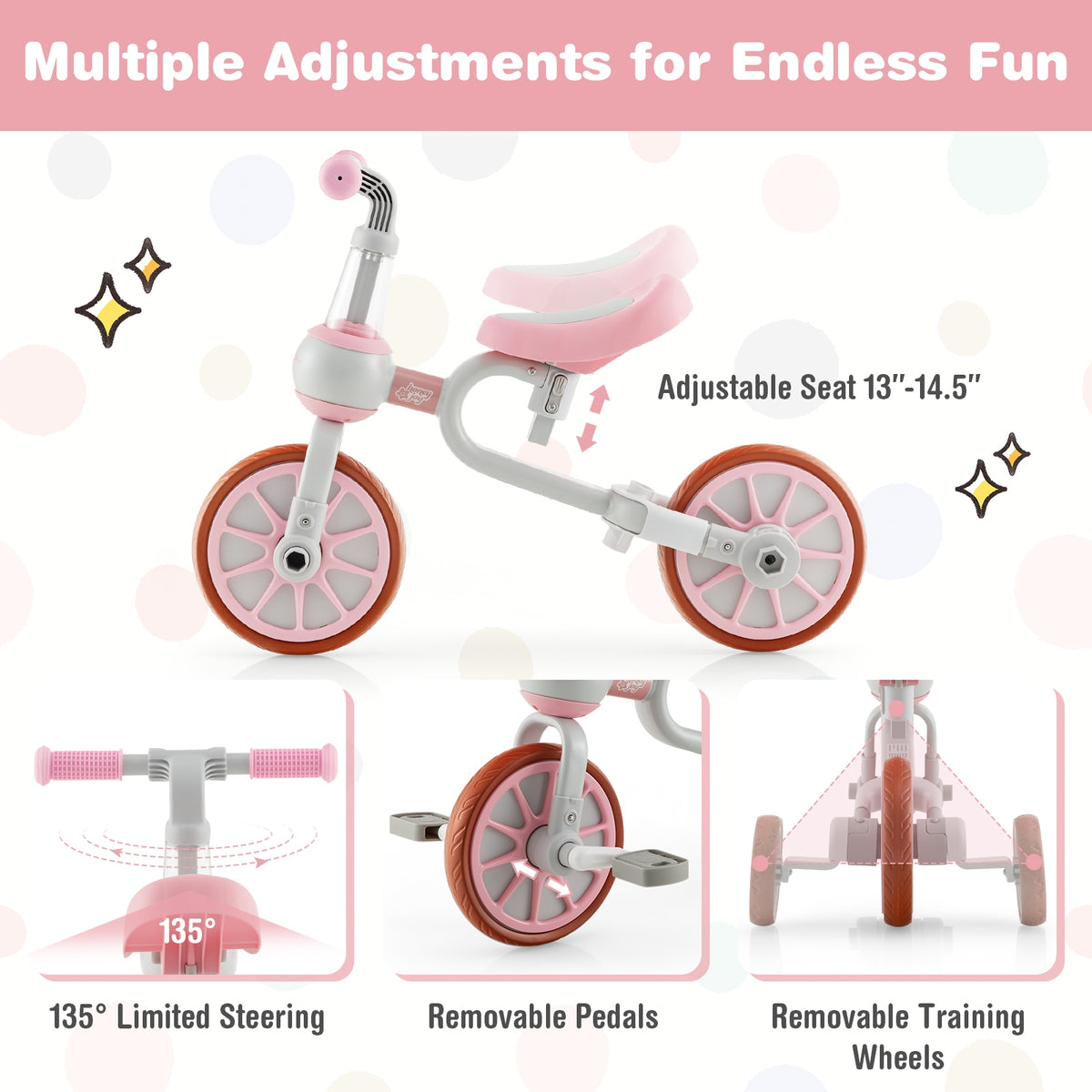Vélo tricycle pour enfants 4-en-1 avec poignée de poussée parentale et hauteur de siège réglables