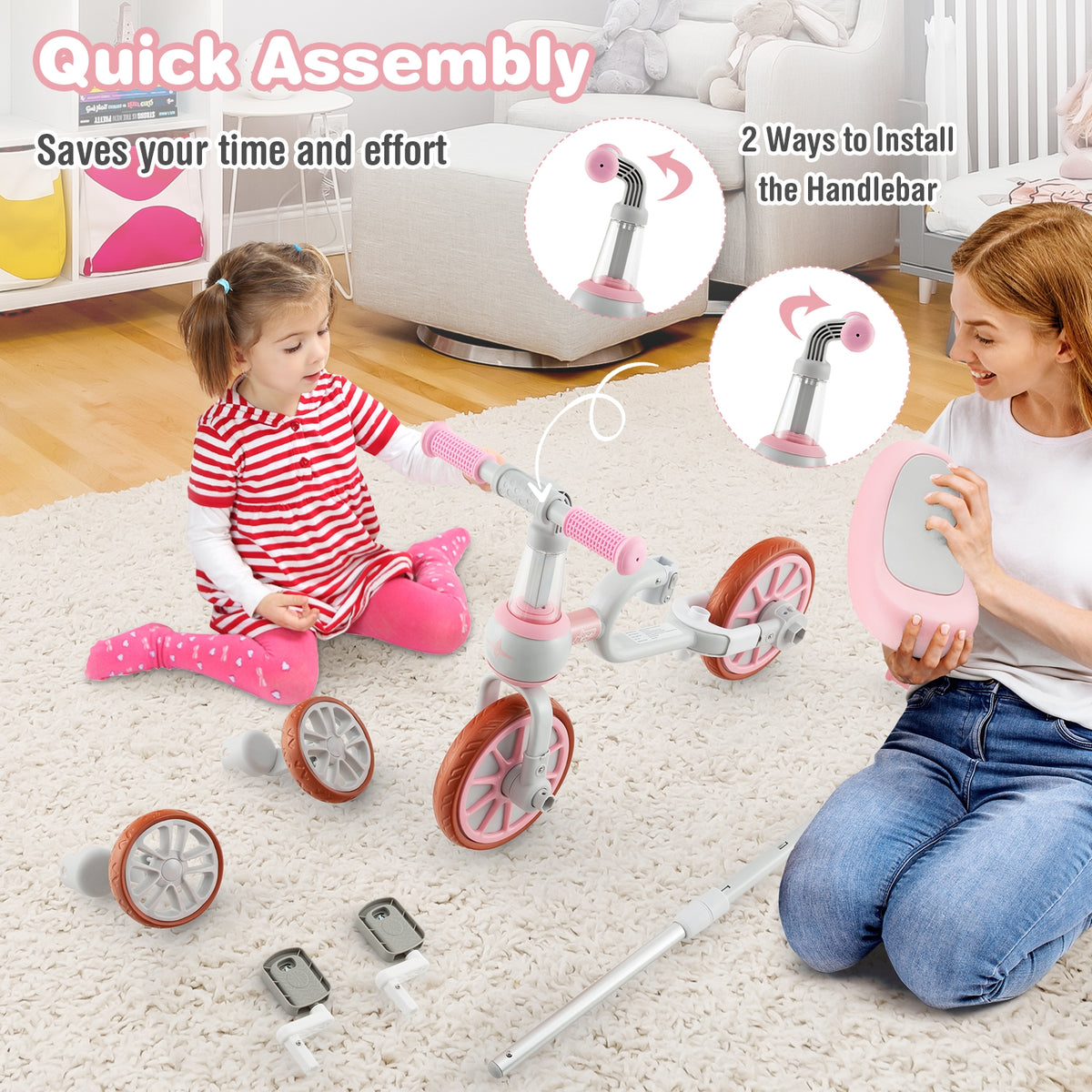 Vélo tricycle pour enfants 4-en-1 avec poignée de poussée parentale et hauteur de siège réglables