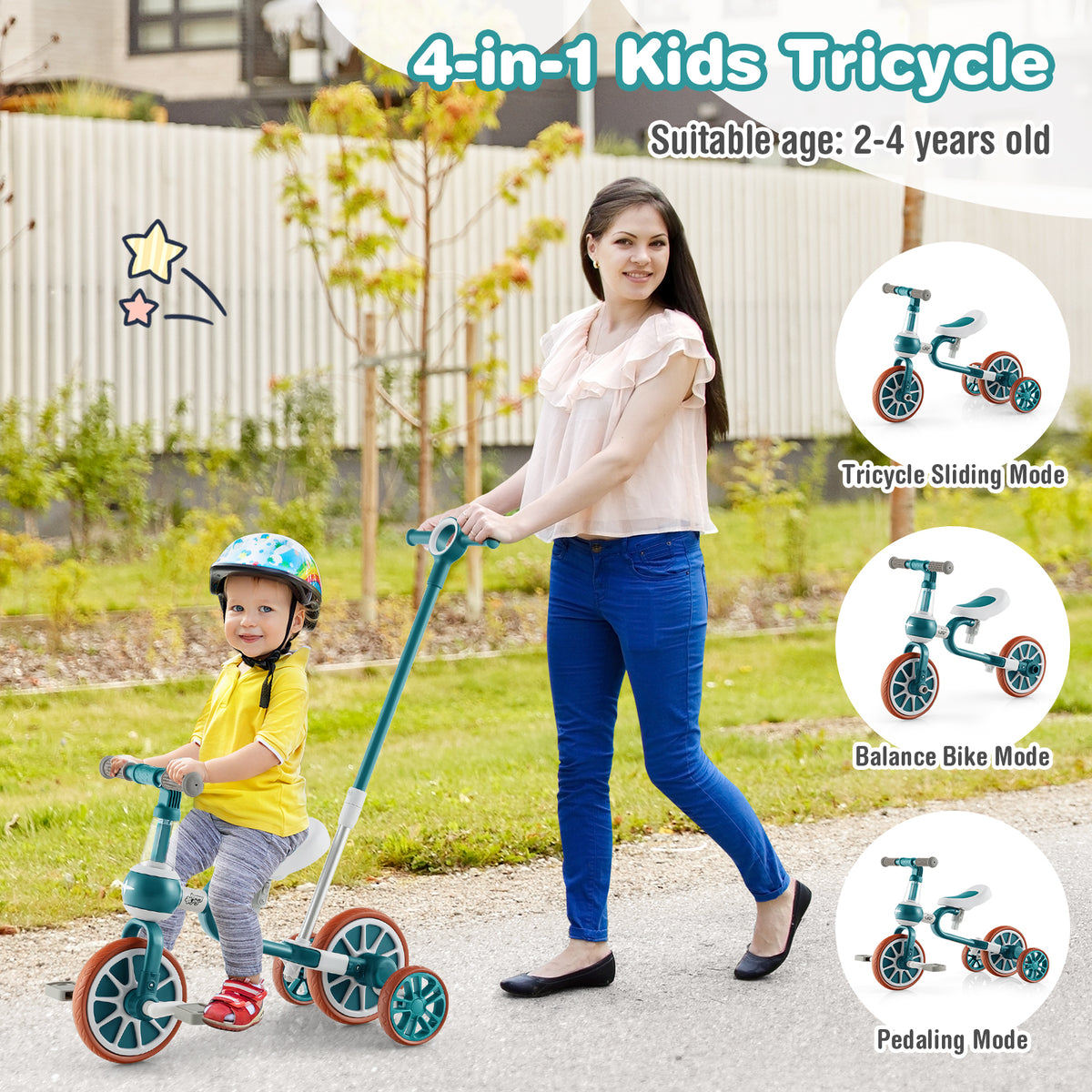 Vélo tricycle pour enfants 4-en-1 avec poignée de poussée parentale et hauteur de siège réglables