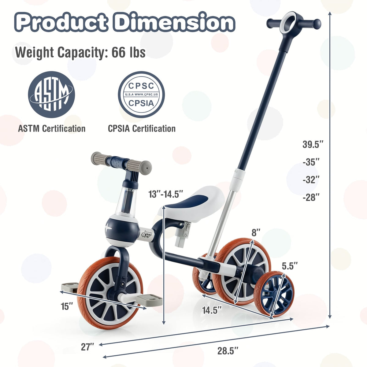 Vélo tricycle pour enfants 4-en-1 avec poignée de poussée parentale et hauteur de siège réglables