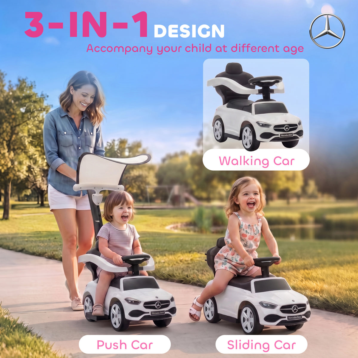 4 in 1 Toddler Push Car Licensed Mercedes-Benz with Push Handle, Canopy, Guardrails, Horn, Music for 18-36 Months-Toys & Games > Baby & Toddler Toys > Riding & Rocking Toys > Push Cars for Toddlers-DECOROLALA