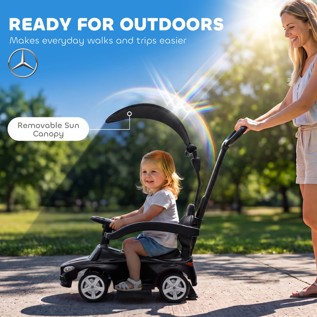 4 in 1 Toddler Push Car Licensed Mercedes-Benz with Push Handle, Canopy, Guardrails, Horn, Music for 18-36 Months-Toys & Games > Baby & Toddler Toys > Riding & Rocking Toys > Push Cars for Toddlers-DECOROLALA