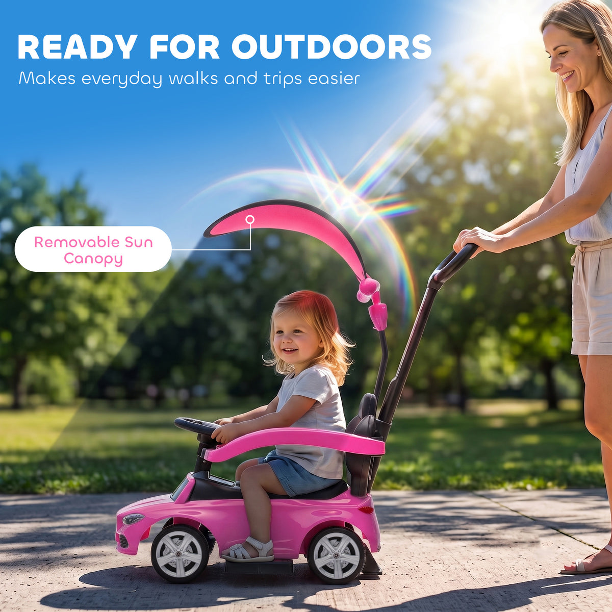 4 in 1 Toddler Push Car Licensed Mercedes-Benz with Push Handle, Canopy, Guardrails, Horn, Music for 18-36 Months-Toys & Games > Baby & Toddler Toys > Riding & Rocking Toys > Push Cars for Toddlers-DECOROLALA