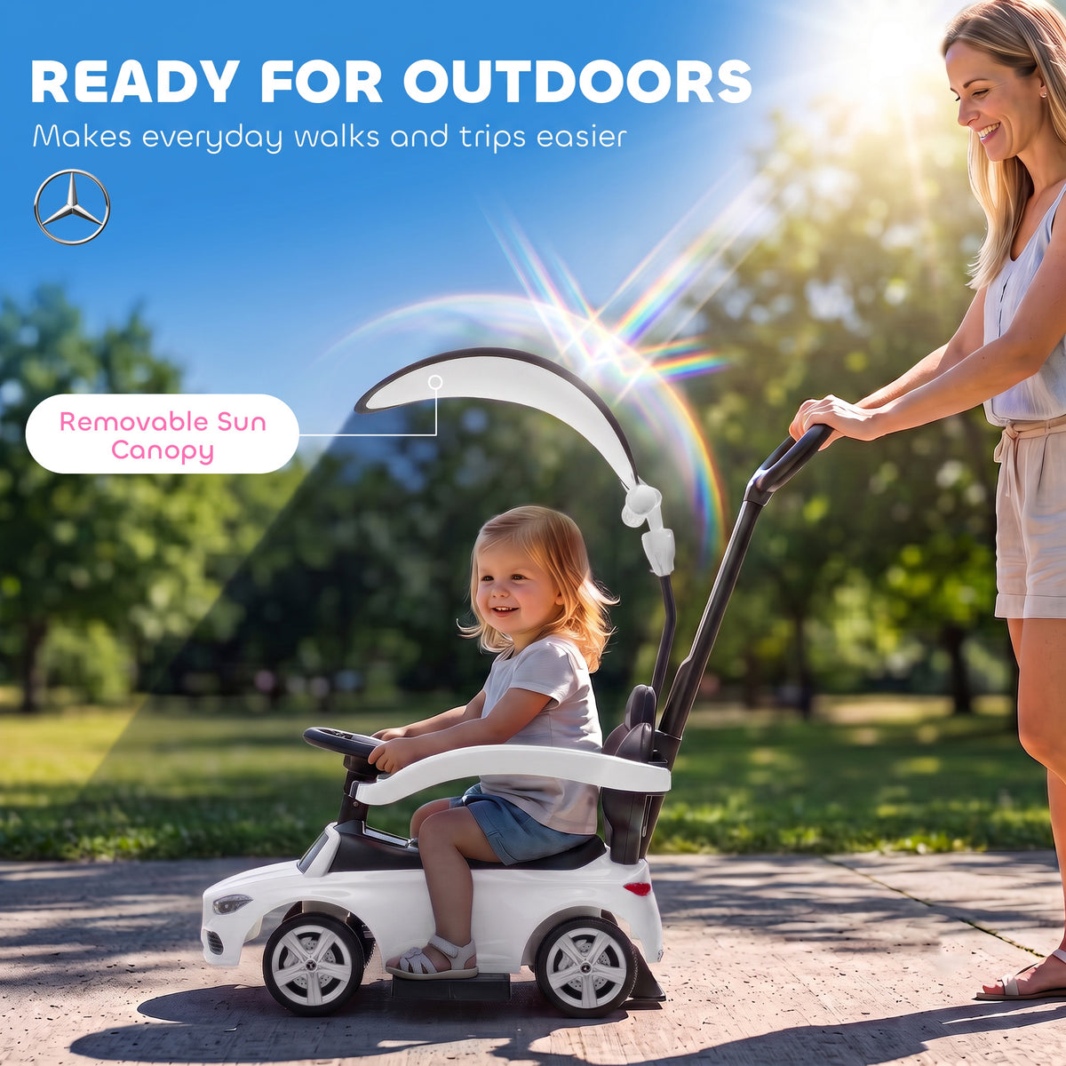 4 in 1 Toddler Push Car Licensed Mercedes-Benz with Push Handle, Canopy, Guardrails, Horn, Music for 18-36 Months-Toys & Games > Baby & Toddler Toys > Riding & Rocking Toys > Push Cars for Toddlers-DECOROLALA