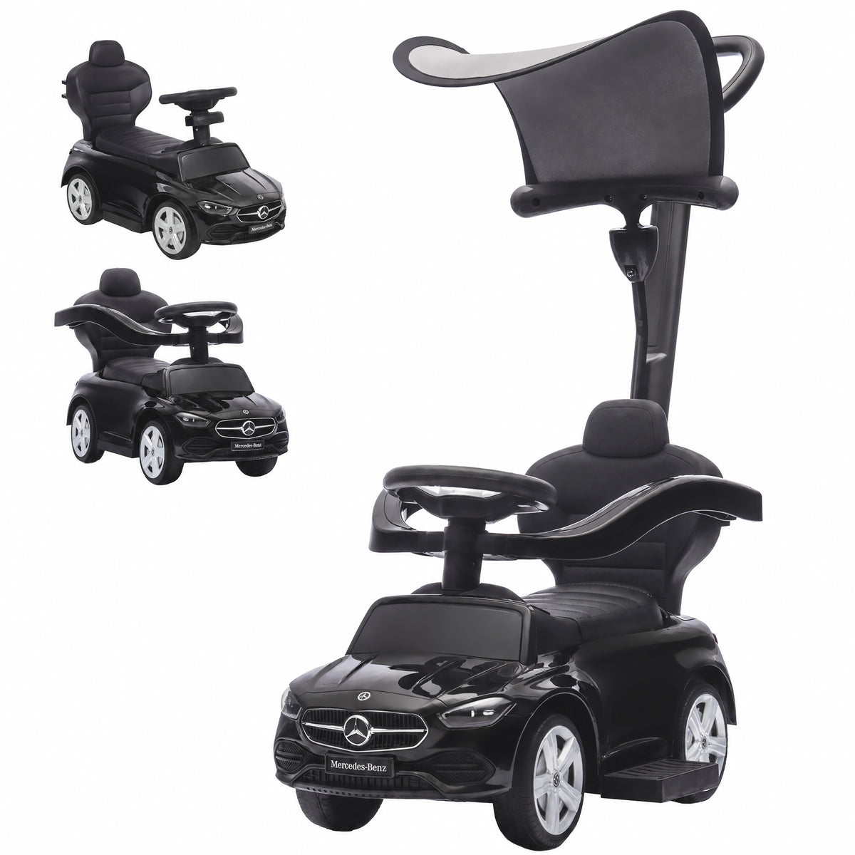 4 in 1 Toddler Push Car Licensed Mercedes-Benz with Push Handle, Canopy, Guardrails, Horn, Music for 18-36 Months-Toys & Games > Baby & Toddler Toys > Riding & Rocking Toys > Push Cars for Toddlers-DECOROLALA