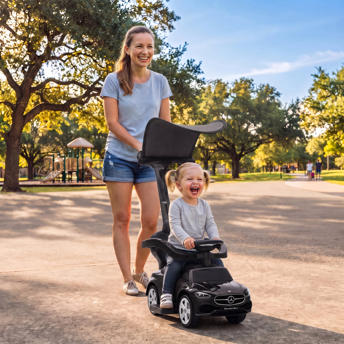 4 in 1 Toddler Push Car Licensed Mercedes-Benz with Push Handle, Canopy, Guardrails, Horn, Music for 18-36 Months-Toys & Games > Baby & Toddler Toys > Riding & Rocking Toys > Push Cars for Toddlers-DECOROLALA